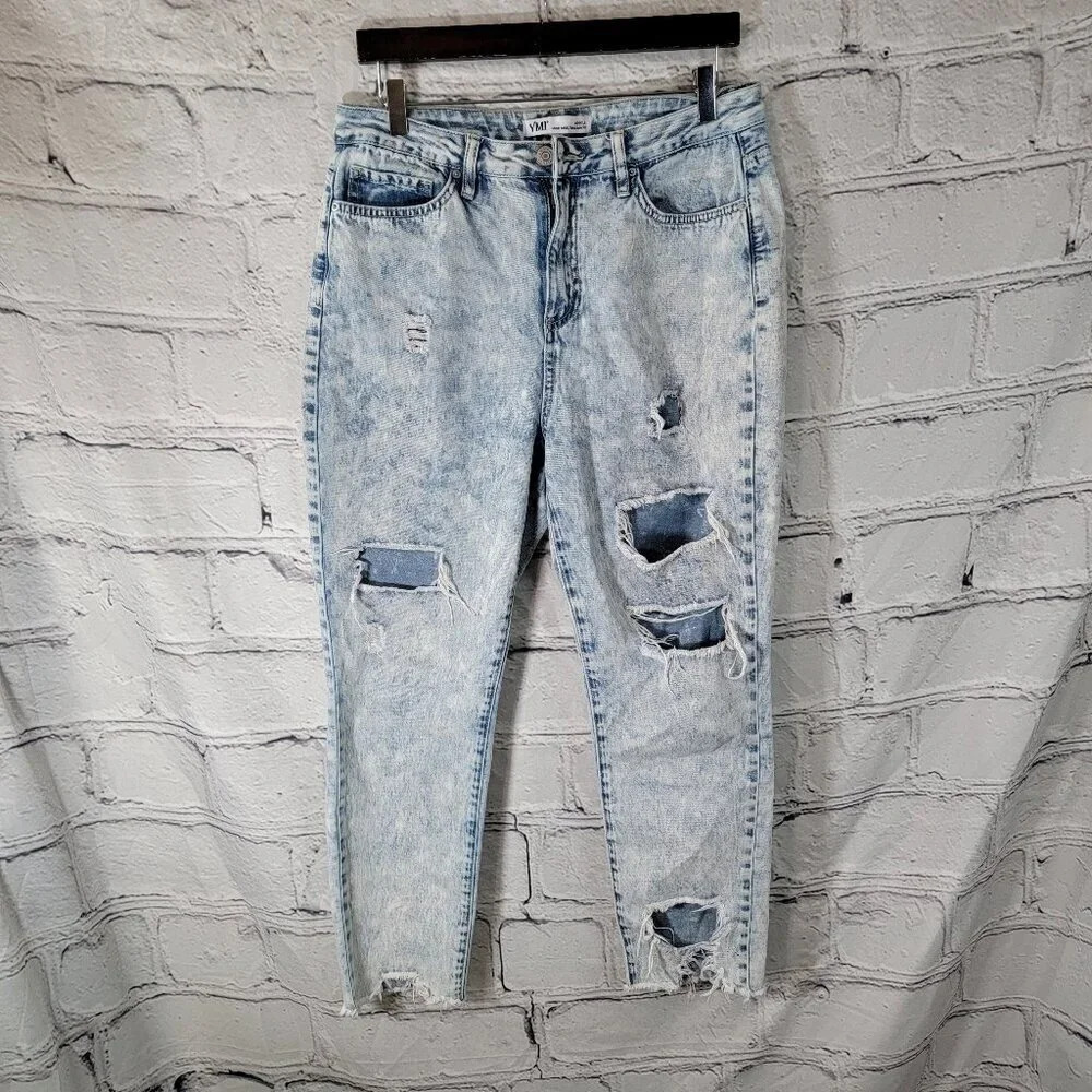 YMI Womens Destroyed‎ Distressed Boyfriend Fit Acid Wash Ankle 13/31 Casual 90s